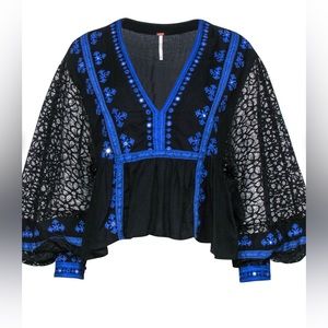 Free People - Black & Blue Lace & Embroidered Balloon Sleeve Blouse Sz M